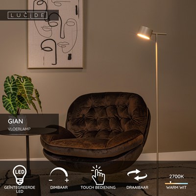 Lucide GIAN - Vloerlamp - LED Dimb. - 1x9W 2700K - Taupe